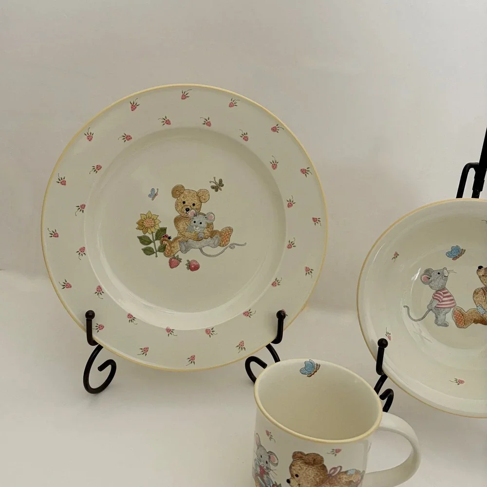 Vintage MIKASA Teddy Bear Plate Bowl Mug Set Strawberry Fruit Mouse Floral
